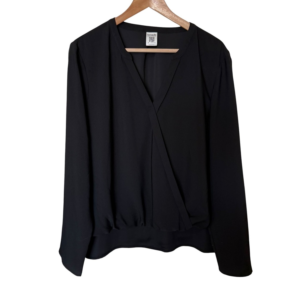 Remade Wrap Blouse Women XL Black Excellent V-Neck Long Sleeve RM-8HL1004-XL